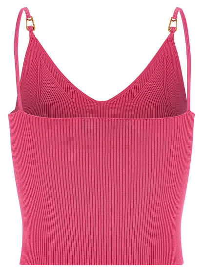 T-Shirt by Versace for women in polyester & viscose fuchsia features an on trend silhouette, perfectly showcasing a on trend and v-neck neckline for an elevated aesthetic.
