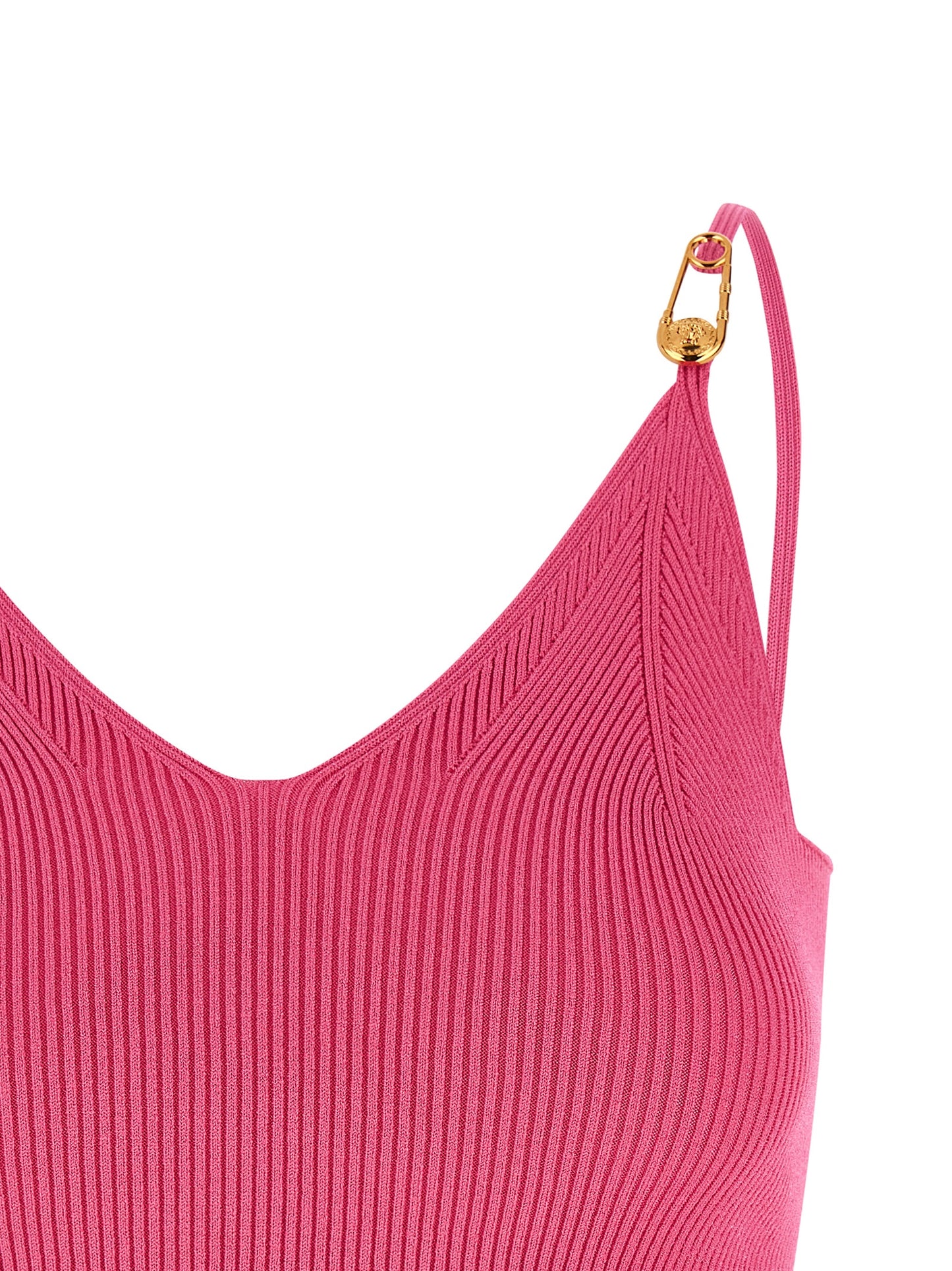 T-Shirt by Versace for women in polyester & viscose fuchsia showcases a unassuming silhouette, artfully detailed with a refined v-neck neckline and unassuming for a sophisticated, contemporary look.