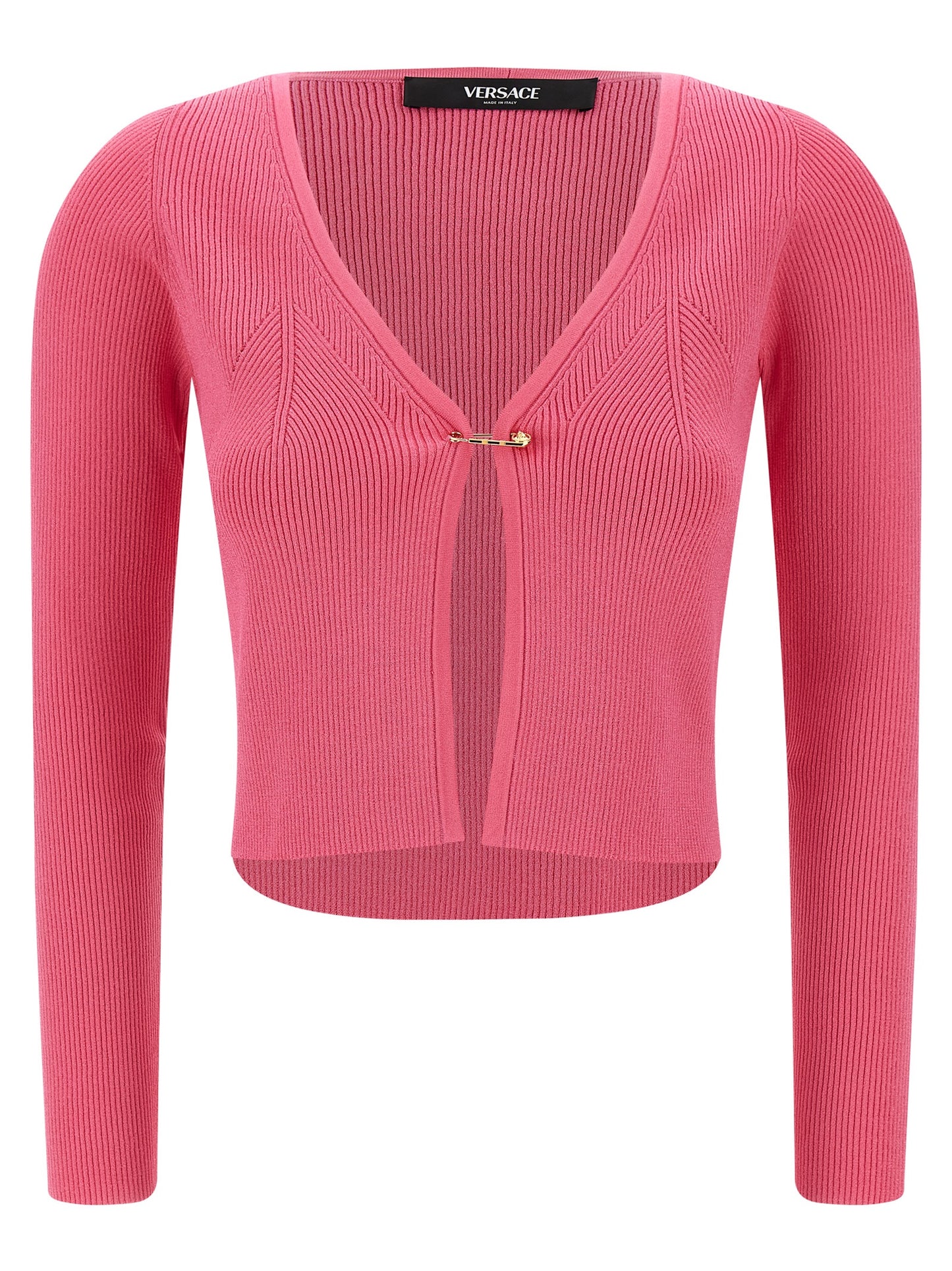 Cardigan by Versace for women in polyester & viscose fuchsia features an crisp silhouette, showcasing a sophisticated v-neck neckline and long-sleeve detail for a truly crisp finish.
