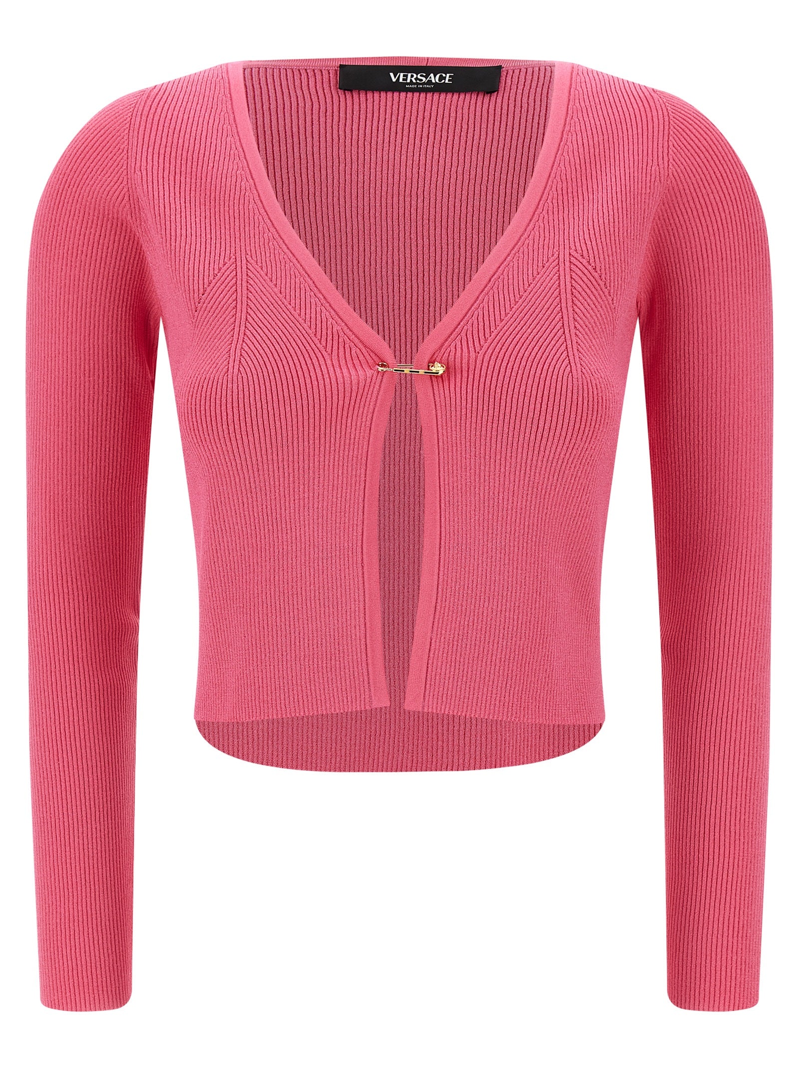 Cardigan by Versace for women in polyester & viscose fuchsia features an crisp silhouette, showcasing a sophisticated v-neck neckline and long-sleeve detail for a truly crisp finish.
