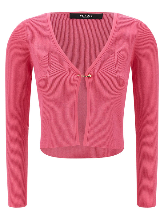 Cardigan by Versace for women in polyester & viscose fuchsia features an crisp silhouette, showcasing a sophisticated v-neck neckline and long-sleeve detail for a truly crisp finish.