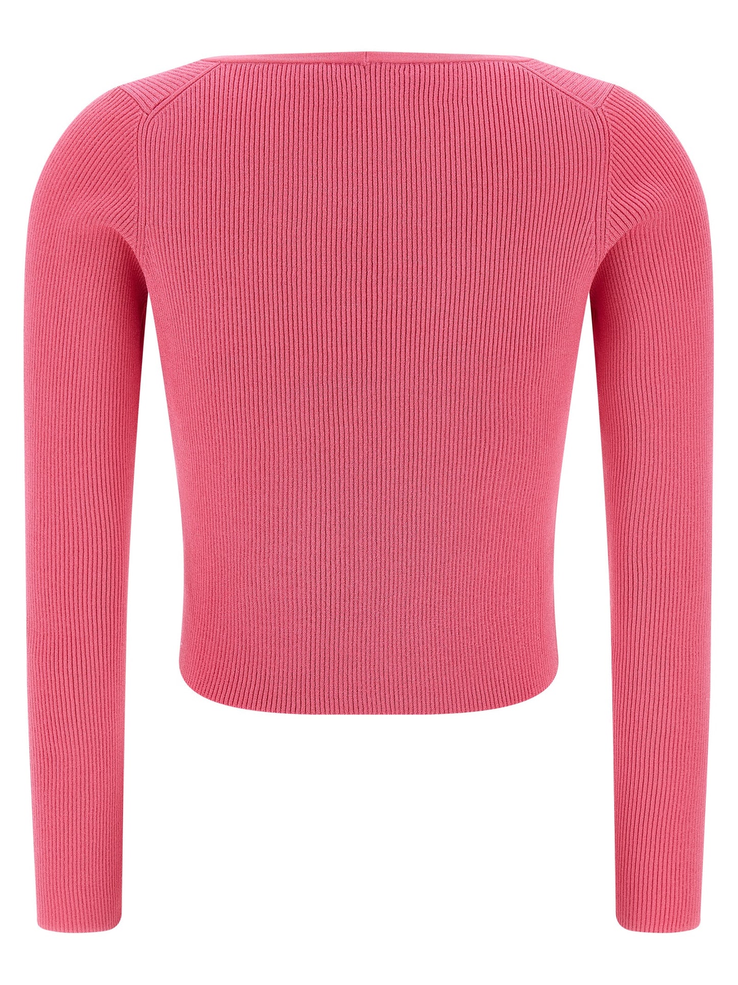 Cardigan by Versace for women in polyester & viscose fuchsia features a dramatic silhouette, showcasing a sophisticated v-neck neckline and dramatic detail for a timeless, premium look.
