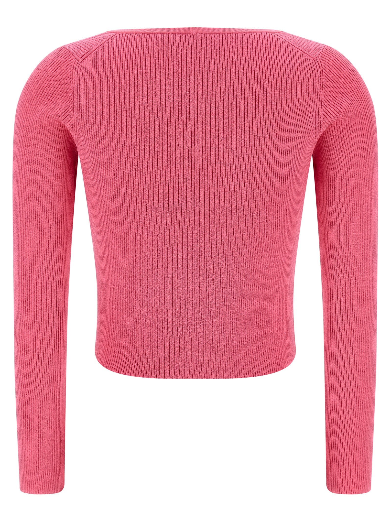 Cardigan by Versace for women in polyester & viscose fuchsia features a dramatic silhouette, showcasing a sophisticated v-neck neckline and dramatic detail for a timeless, premium look.