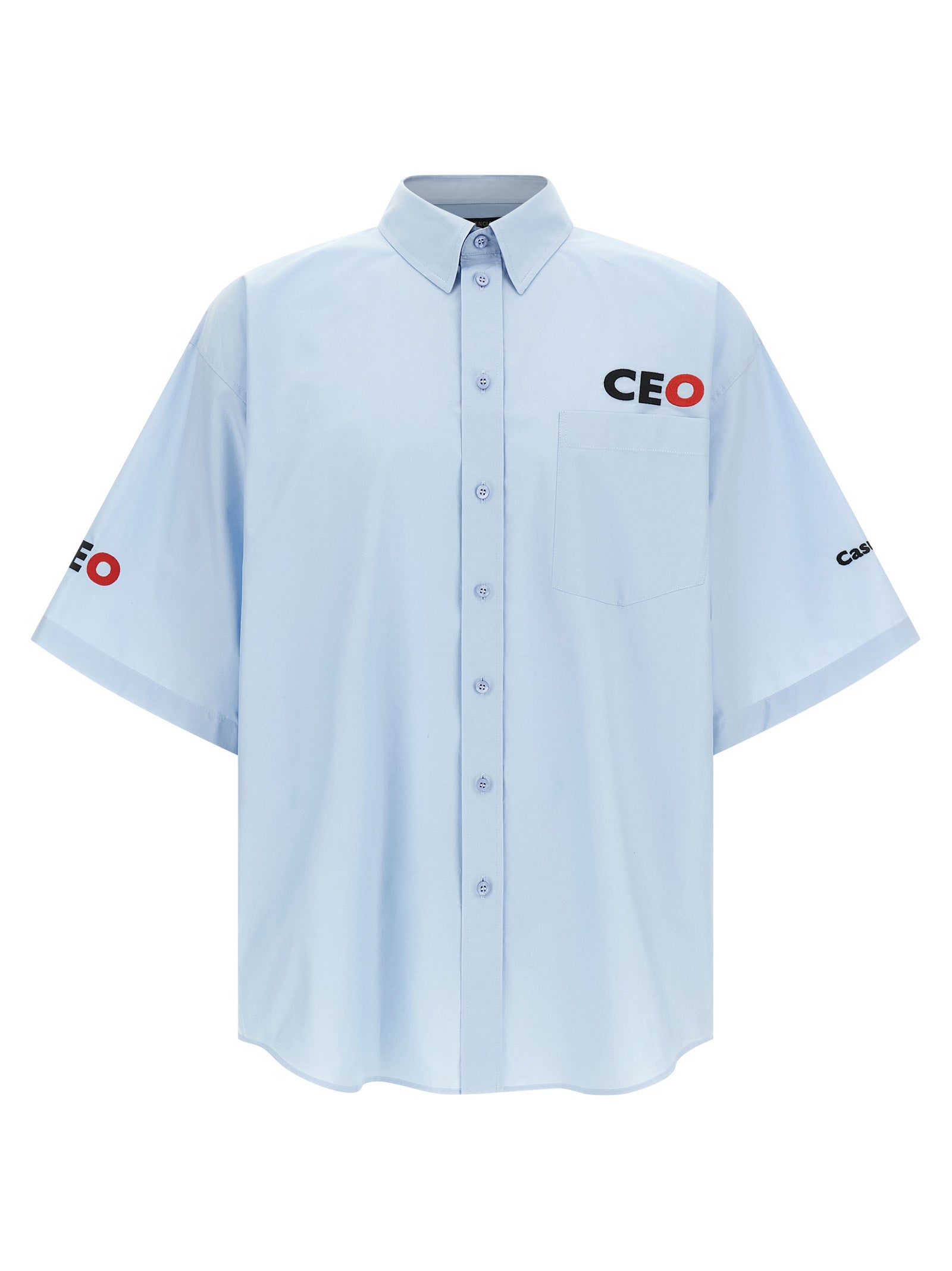 Shirt by Balenciaga for men in cotton light-blue features an architectural silhouette with a refined short-sleeve and elegant for a architectural look.