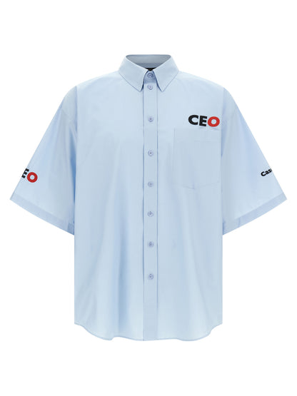 Shirt by Balenciaga for men in cotton light-blue features an architectural silhouette with a refined short-sleeve and elegant for a architectural look.