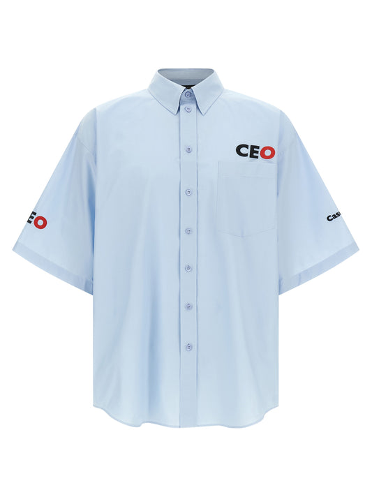 Shirt by Balenciaga for men in cotton light-blue features an architectural silhouette with a refined short-sleeve and elegant for a architectural look.