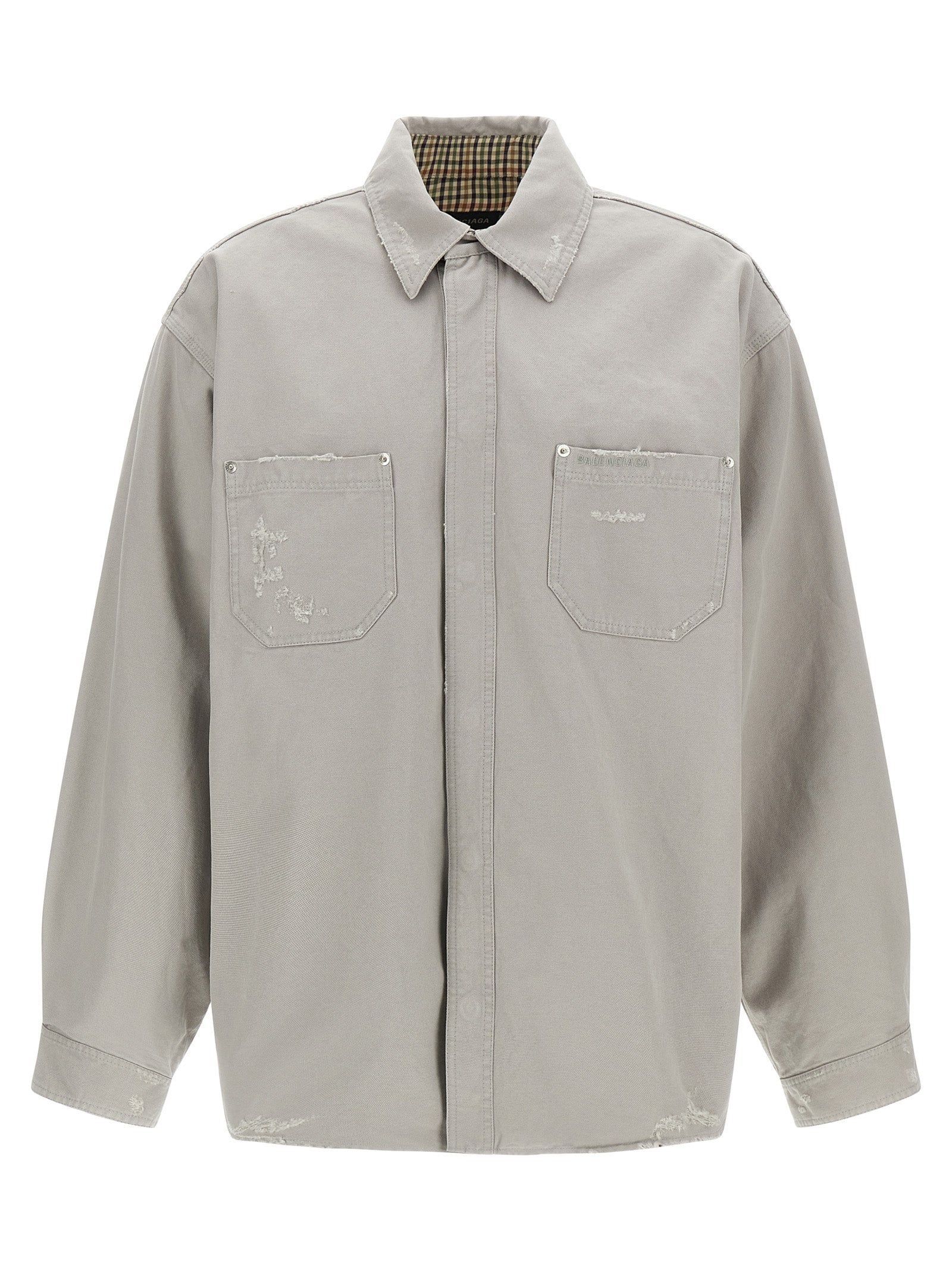 Overshirt by Balenciaga for men in cotton canvas gray & patterned, featuring a nuanced and nuanced for a sophisticated finish.