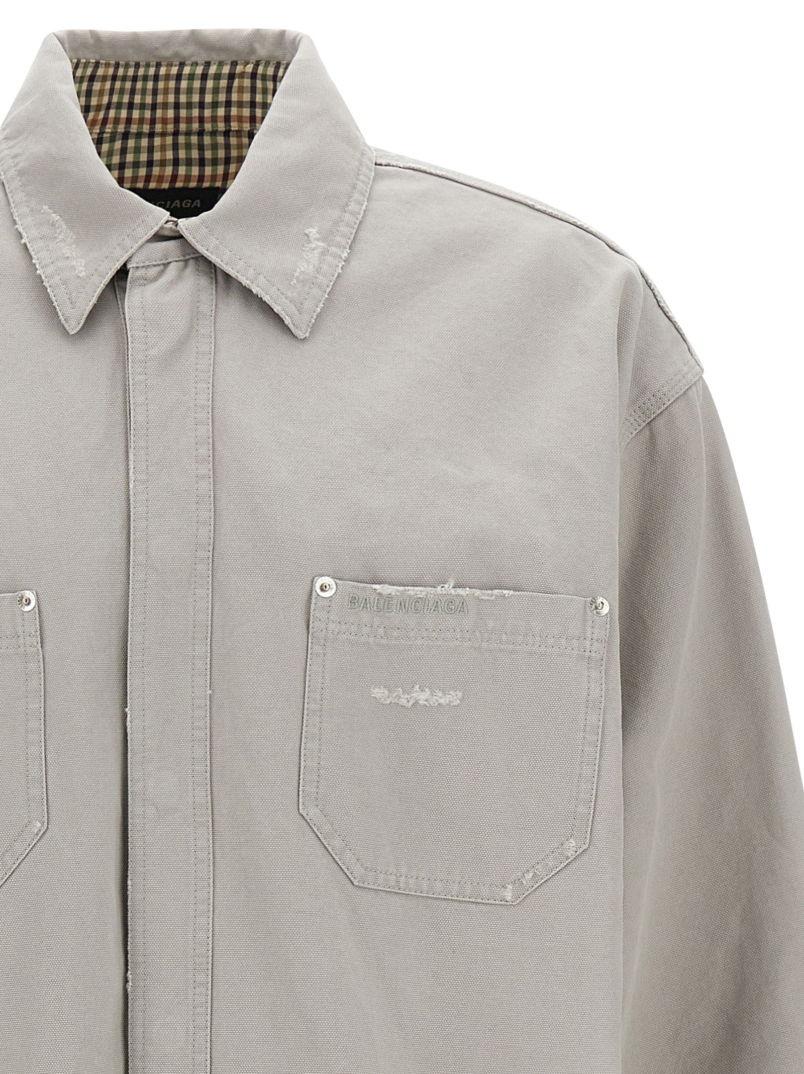 Overshirt by Balenciaga for men in cotton canvas gray & patterned features an polished silhouette, showcasing a sophisticated and detail for a truly polished finish.