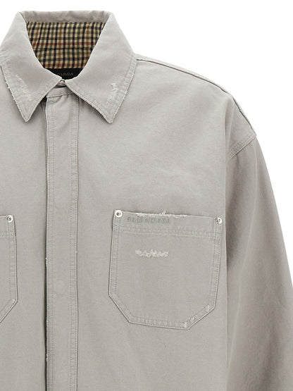 Overshirt by Balenciaga for men in cotton canvas gray & patterned features an polished silhouette, showcasing a sophisticated and detail for a truly polished finish.