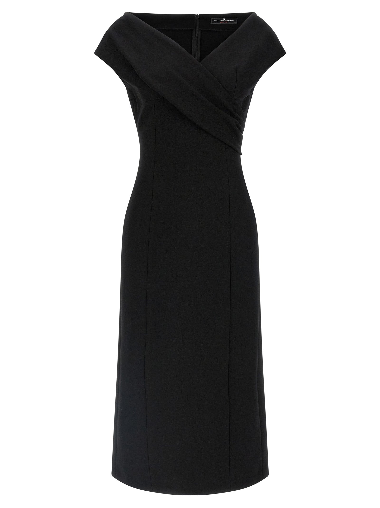 Dress by Ermanno Scervino for women in stretch polyamide viscose black features a dramatic silhouette, showcasing an elegant v-neck split neckline and sleeveless that flows into a dramatic midi.