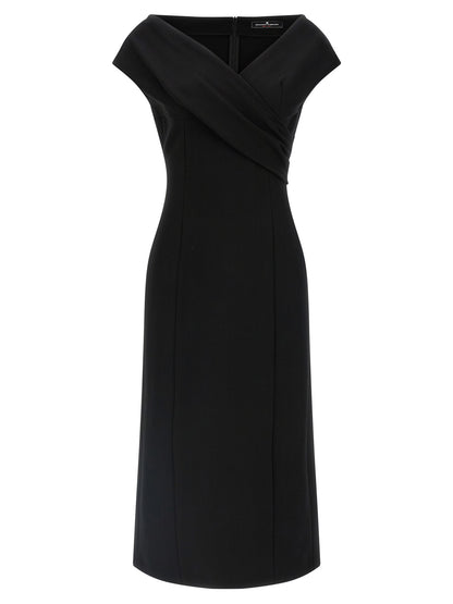 Dress by Ermanno Scervino for women in stretch polyamide viscose black features a dramatic silhouette, showcasing an elegant v-neck split neckline and sleeveless that flows into a dramatic midi.
