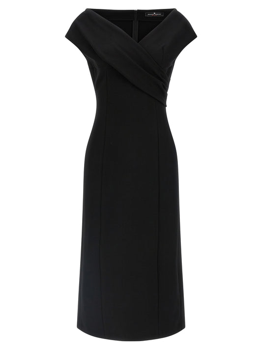 Dress by Ermanno Scervino for women in stretch polyamide viscose black features a dramatic silhouette, showcasing an elegant v-neck split neckline and sleeveless that flows into a dramatic midi.