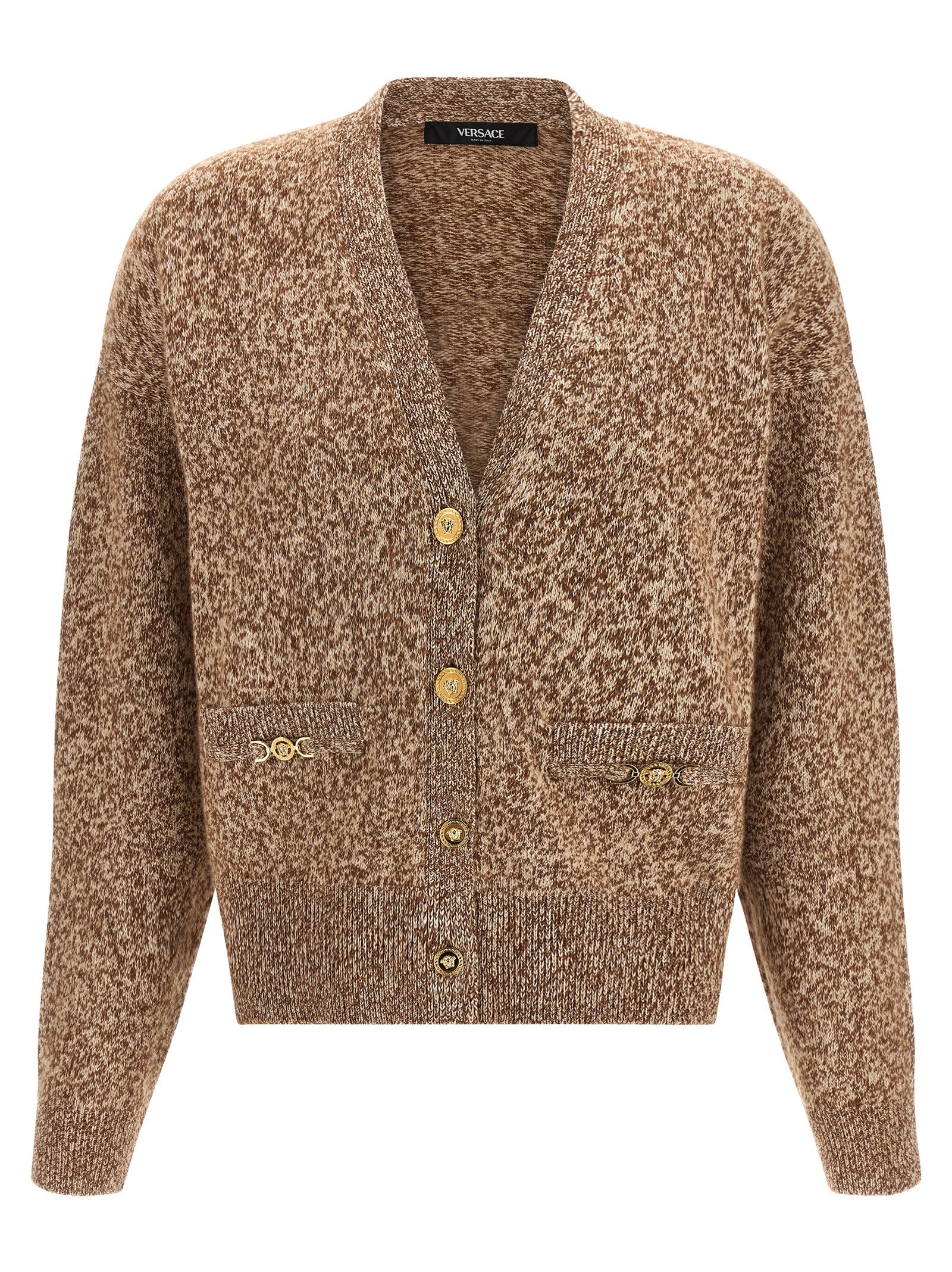 Cardigan by Versace for women in silk virgin cashmere wool beige features an crisp silhouette, showcasing a sophisticated v-neck neckline and detail for a truly crisp finish.