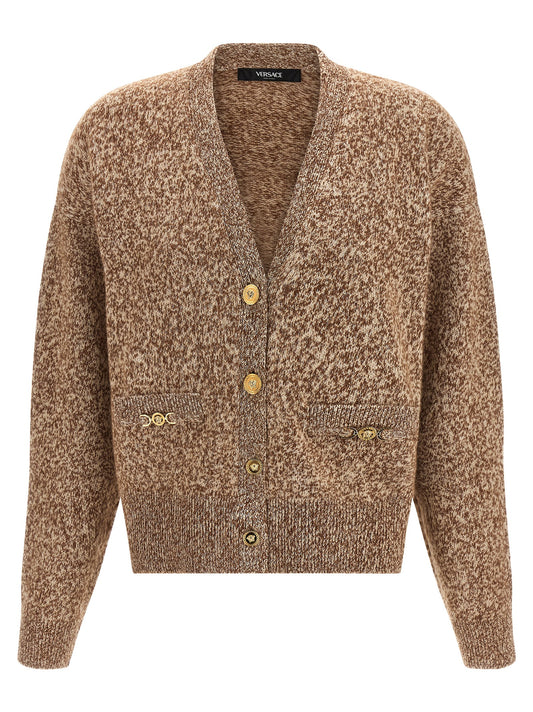 Cardigan by Versace for women in silk virgin cashmere wool beige features an crisp silhouette, showcasing a sophisticated v-neck neckline and detail for a truly crisp finish.