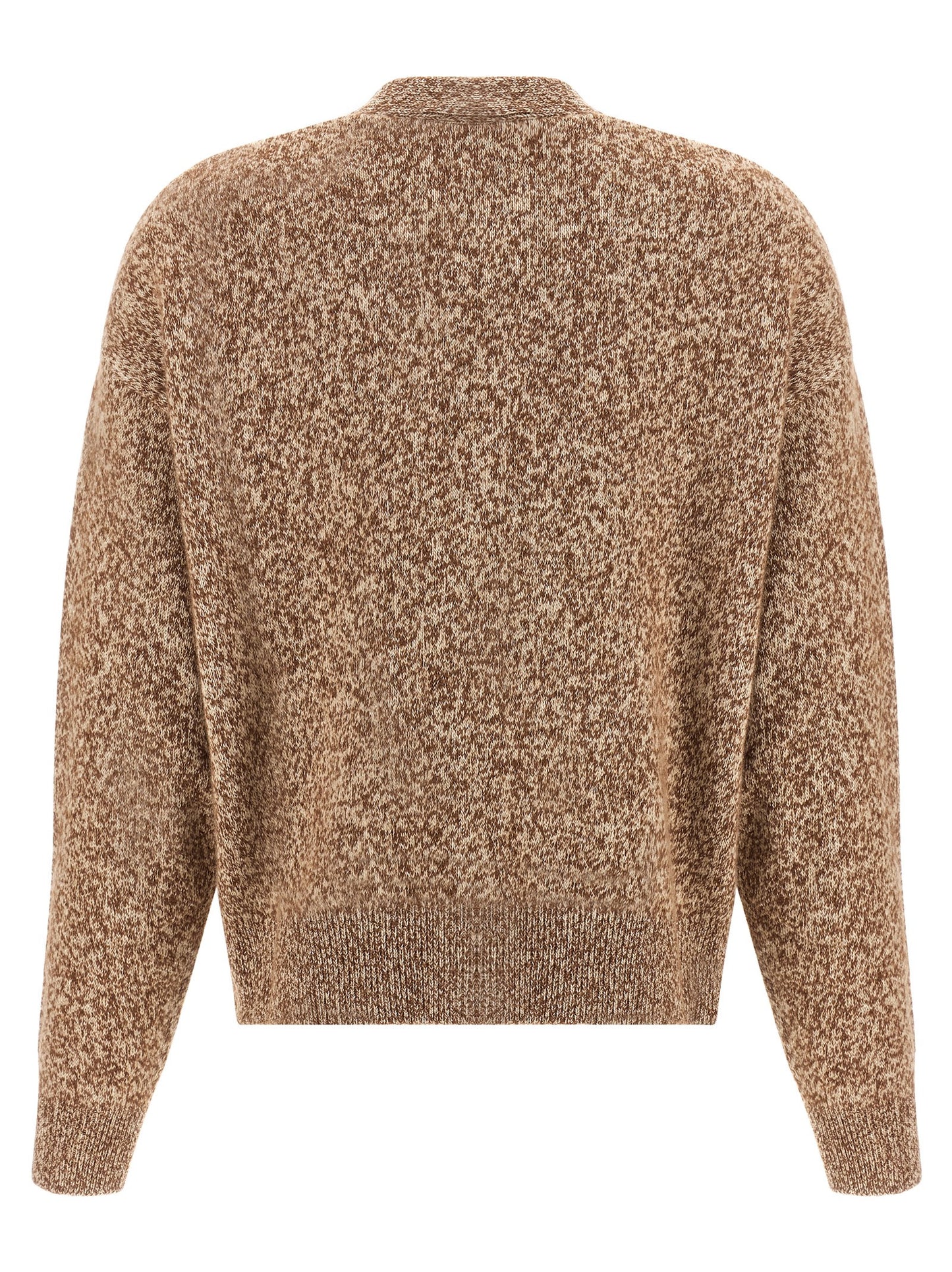 Cardigan by Versace for women in silk virgin cashmere wool beige features a nuanced silhouette with a refined v-neck neckline and nuanced detailing for a sophisticated look.