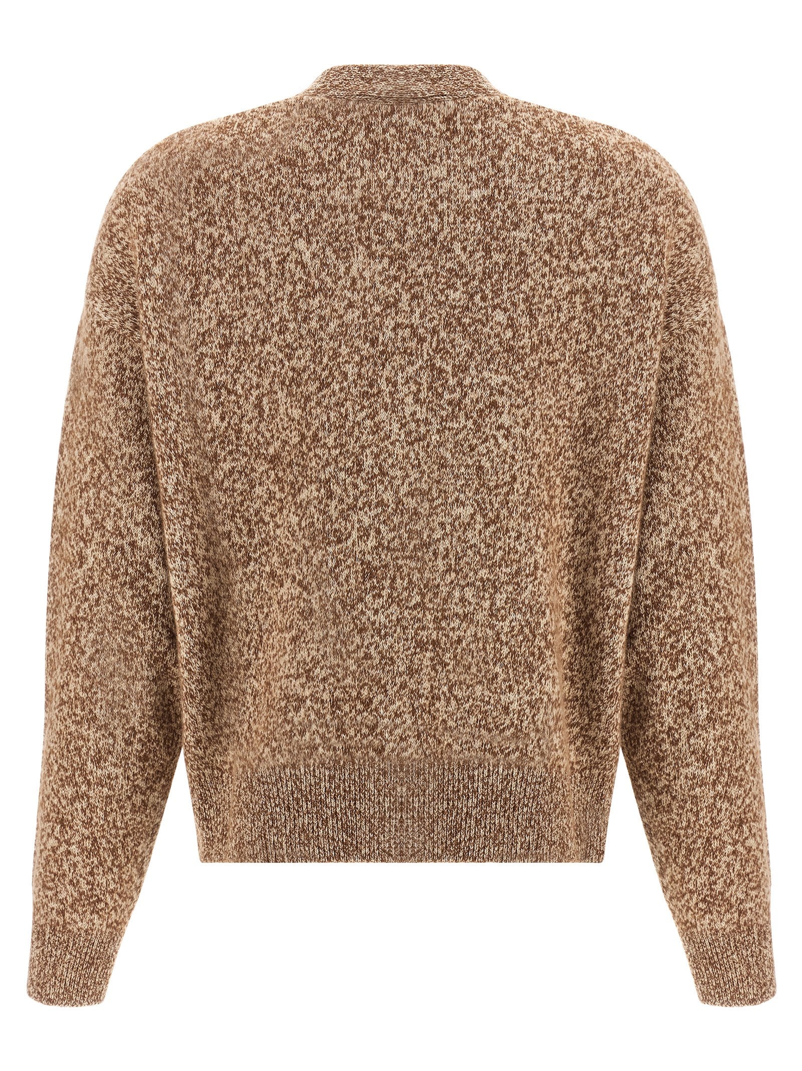 Cardigan by Versace for women in silk virgin cashmere wool beige features a nuanced silhouette with a refined v-neck neckline and nuanced detailing for a sophisticated look.