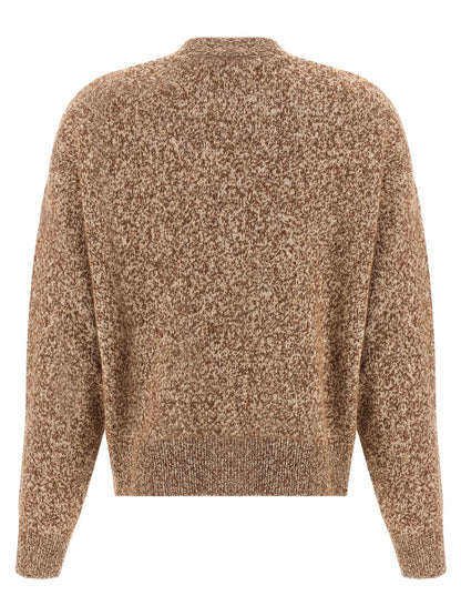 Cardigan by Versace for women in silk virgin cashmere wool beige features a nuanced silhouette with a refined v-neck neckline and nuanced detailing for a sophisticated look.