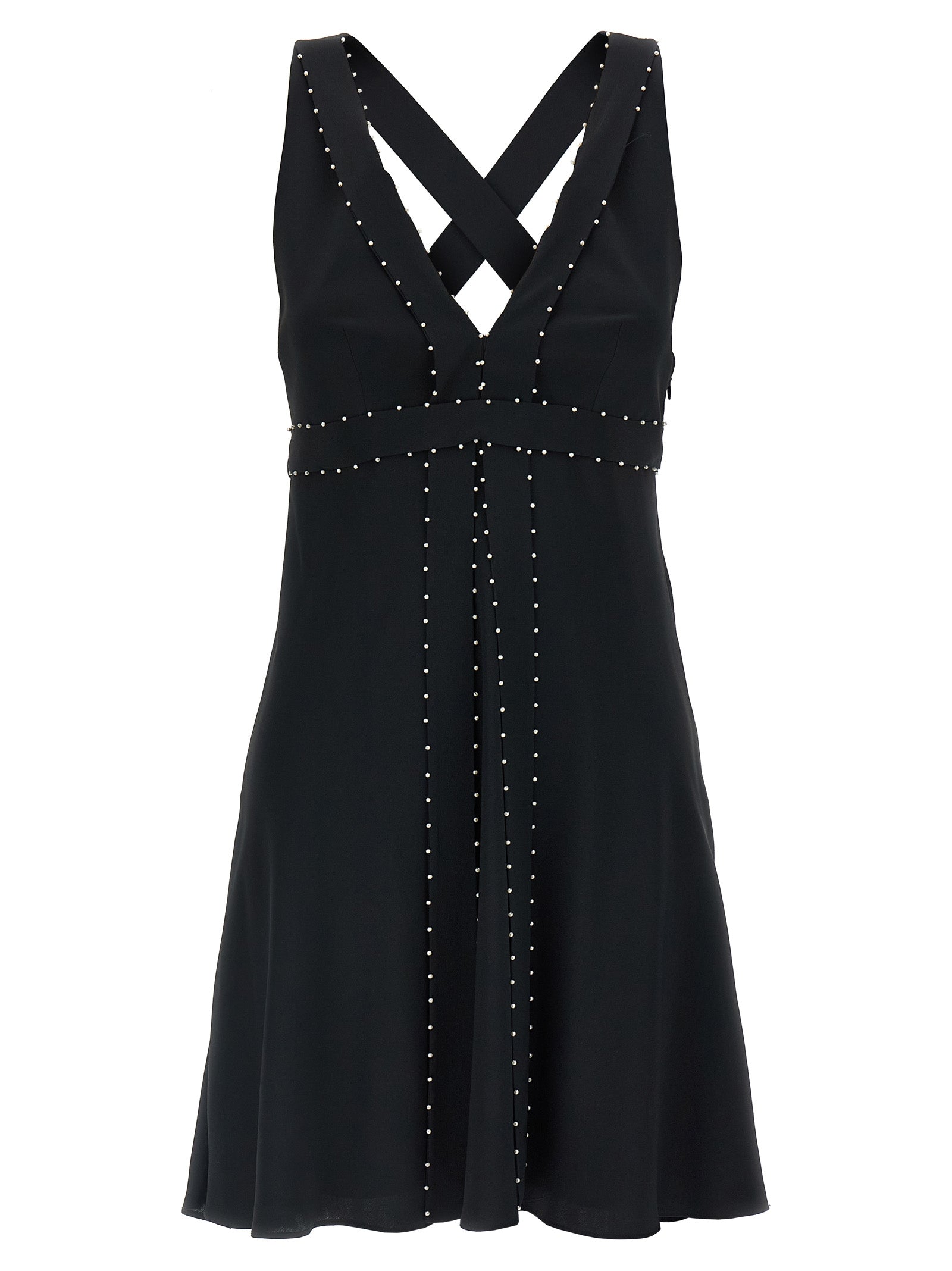 Dress by Giovanni Bedin for women in silk & acetate black & pearl features an eye catching silhouette with a sophisticated v-neck neckline, elegant sleeveless, and a refined short mini for a eye catching aesthetic.