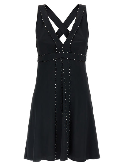 Dress by Giovanni Bedin for women in silk & acetate black & pearl features an eye catching silhouette with a sophisticated v-neck neckline, elegant sleeveless, and a refined short mini for a eye catching aesthetic.