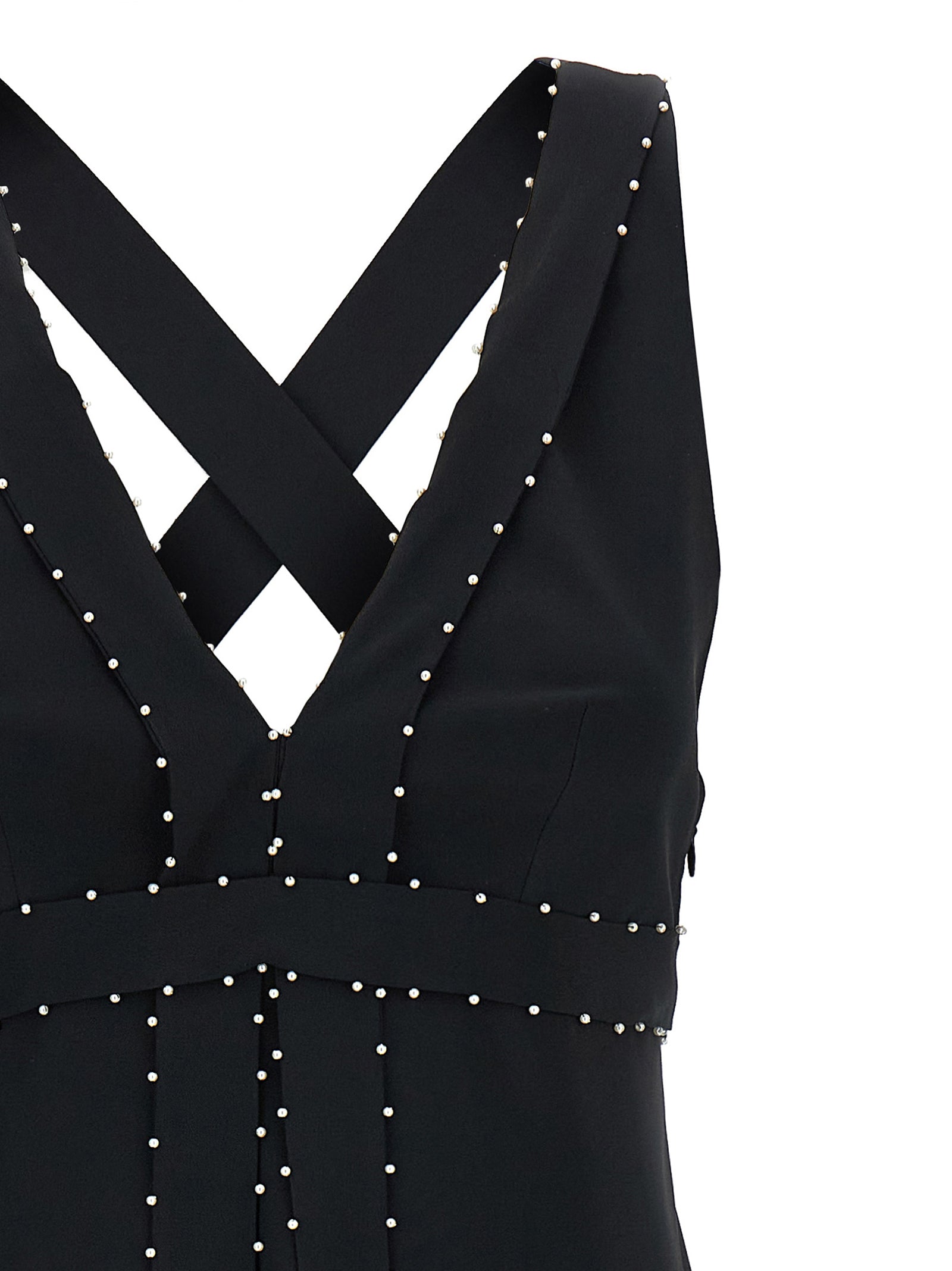 Dress by Giovanni Bedin for women in silk & acetate black & pearl features a dramatic silhouette, showcasing an elegant v-neck neckline and that flows into a dramatic short mini.
