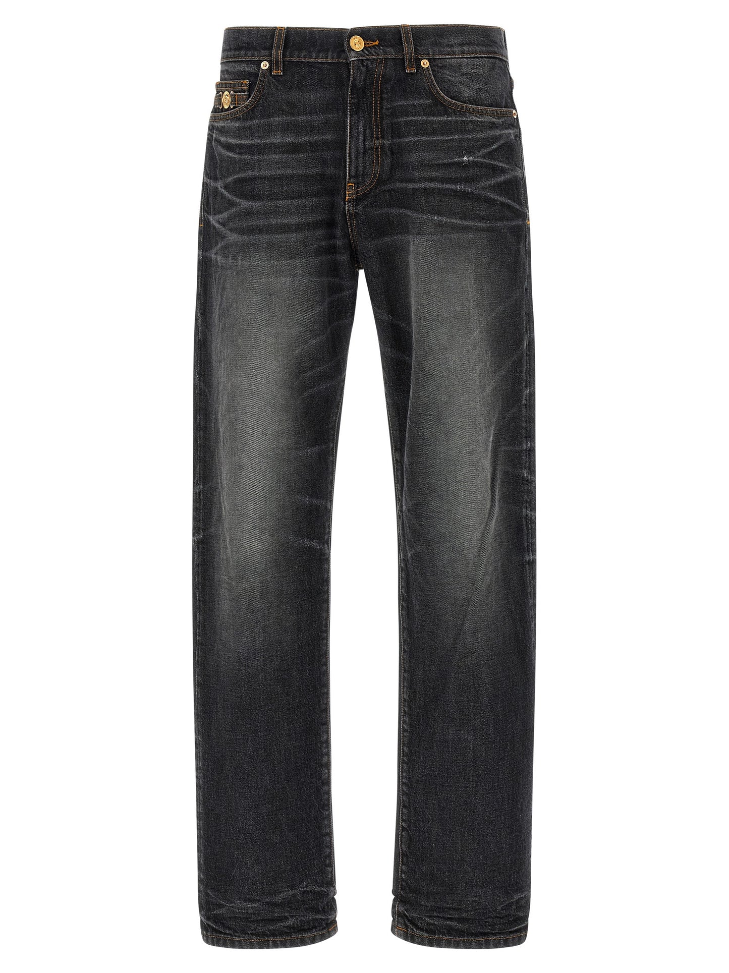 Jeans by Versace for men in denim cotton black & signature features an sophisticated and straight-leg with a precise long, creating a sophisticated and sophisticated silhouette.