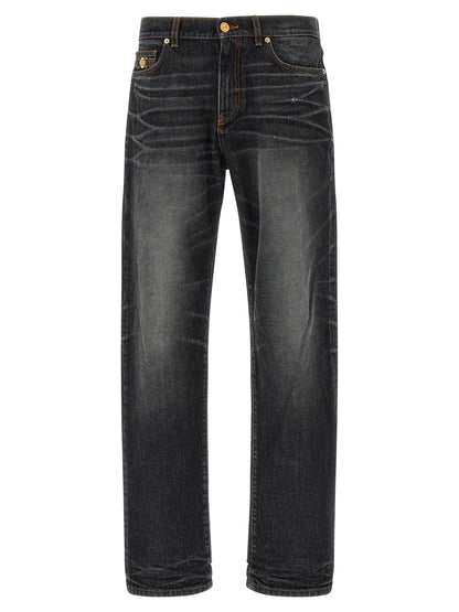 Jeans by Versace for men in denim cotton black & signature features an sophisticated and straight-leg with a precise long, creating a sophisticated and sophisticated silhouette.