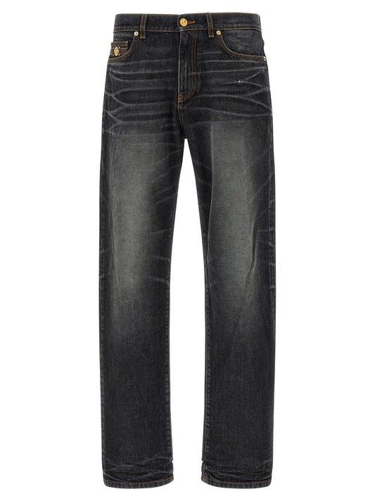 Jeans by Versace for men in denim cotton black & signature features an sophisticated and straight-leg with a precise long, creating a sophisticated and sophisticated silhouette.