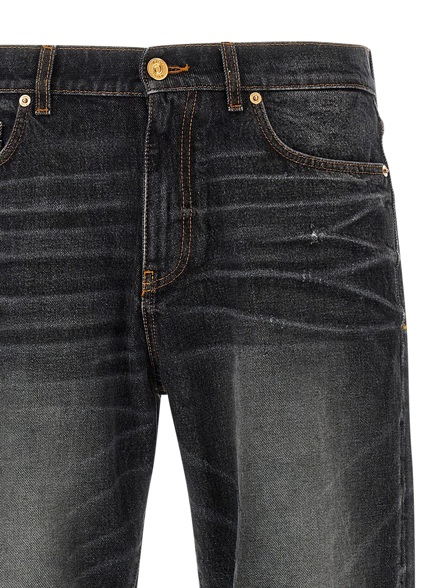Jeans by Versace for men in denim cotton black & signature presents a refined pantology silhouette, artfully defined by a refined pantology straight-leg, long, and a sophisticated .