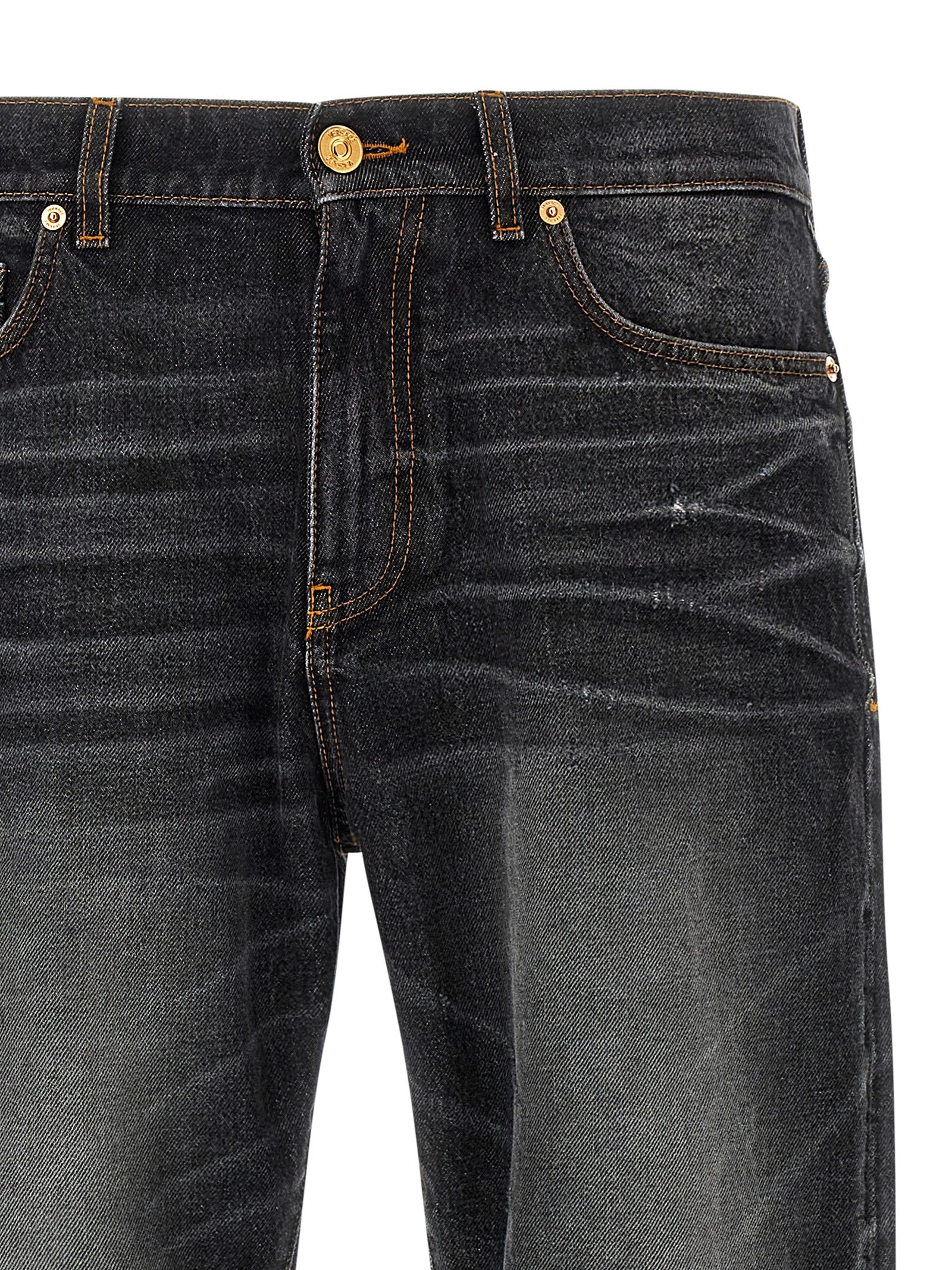 Jeans by Versace for men in denim cotton black & signature presents a refined pantology silhouette, artfully defined by a refined pantology straight-leg, long, and a sophisticated .