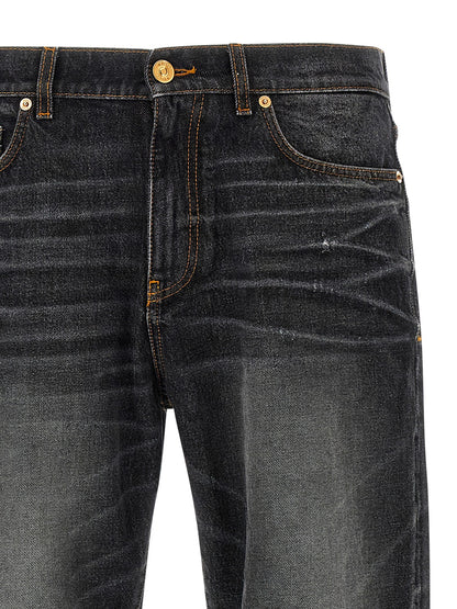 Jeans by Versace for men in denim cotton black & signature presents a refined pantology silhouette, artfully defined by a refined pantology straight-leg, long, and a sophisticated .