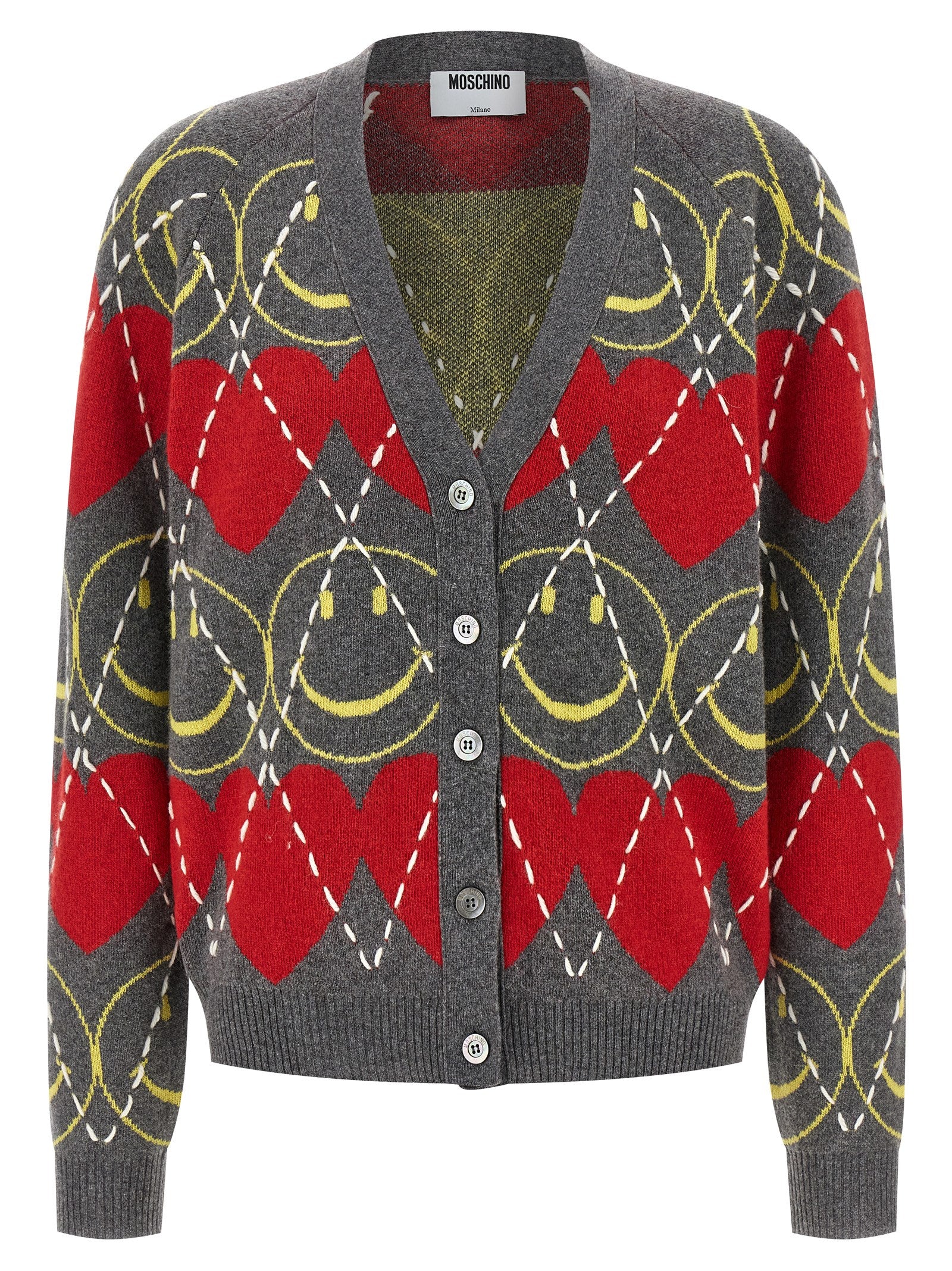 Cardigan by Moschino for women in polyamide leather viscose & cashmere multicolor features an impeccable silhouette, showcasing a sophisticated v-neck neckline and detail for a truly impeccable finish.