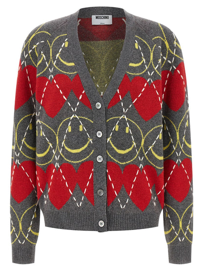 Cardigan by Moschino for women in polyamide leather viscose & cashmere multicolor features an impeccable silhouette, showcasing a sophisticated v-neck neckline and detail for a truly impeccable finish.
