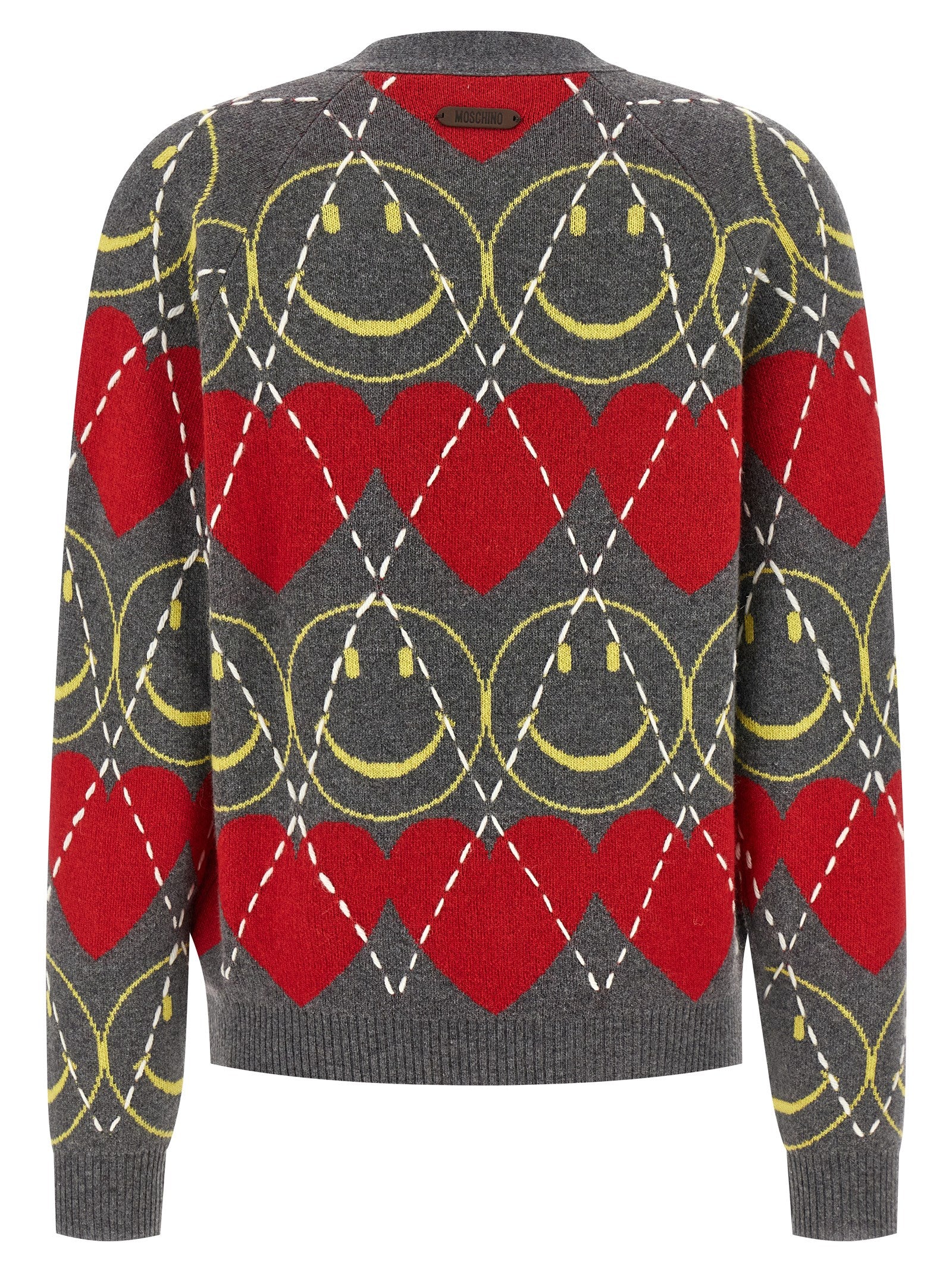 Cardigan by Moschino for women in polyamide leather viscose & cashmere multicolor showcases a luxurious silhouette, meticulously detailed with a sophisticated v-neck neckline and for a refined finish.