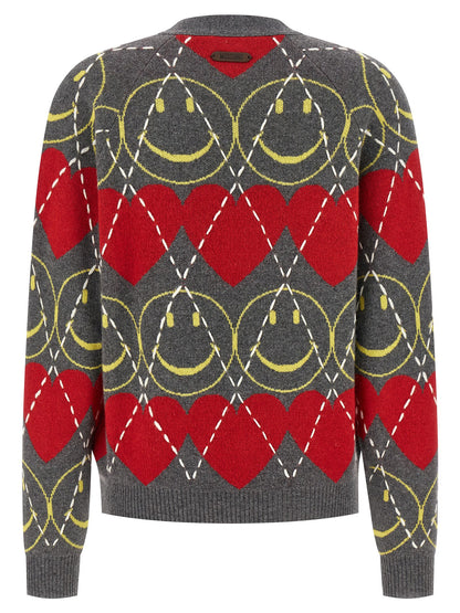 Cardigan by Moschino for women in polyamide leather viscose & cashmere multicolor showcases a luxurious silhouette, meticulously detailed with a sophisticated v-neck neckline and for a refined finish.