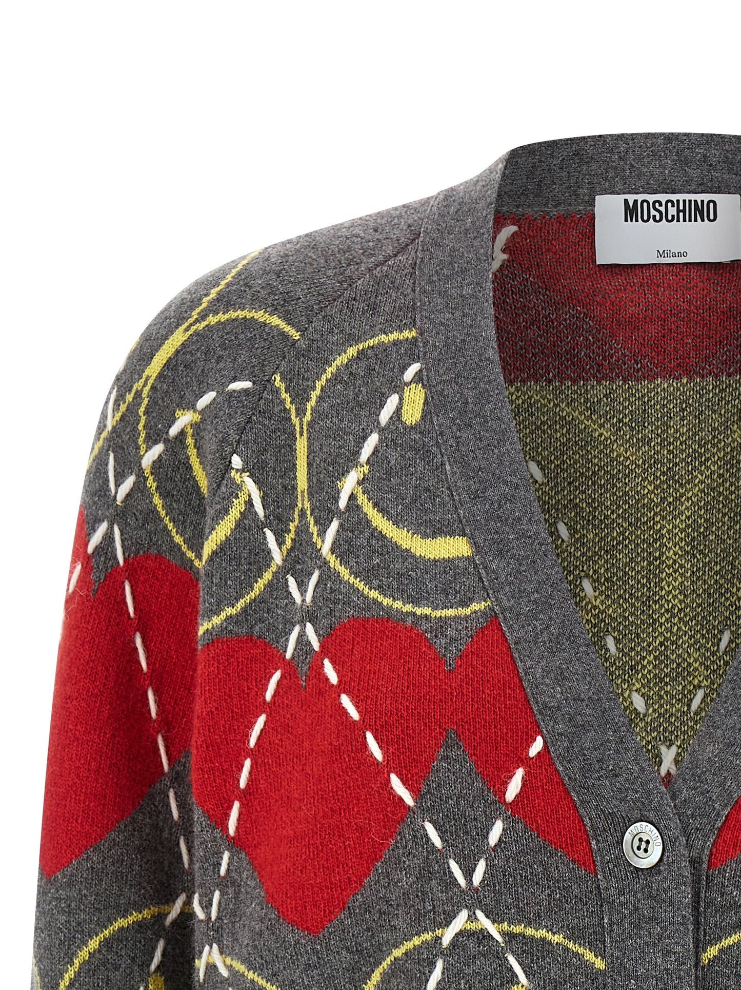 Cardigan by Moschino for women in polyamide leather viscose & cashmere multicolor features a dramatic silhouette, showcasing a sophisticated v-neck neckline and dramatic detail for a timeless, premium look.
