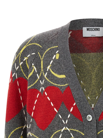 Cardigan by Moschino for women in polyamide leather viscose & cashmere multicolor features a dramatic silhouette, showcasing a sophisticated v-neck neckline and dramatic detail for a timeless, premium look.