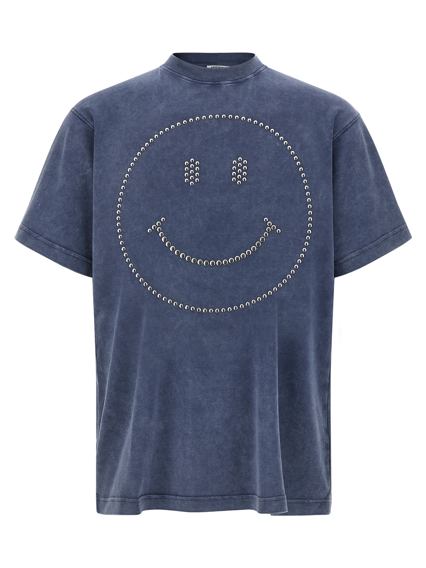 T-Shirt by Moschino for men in cotton blue showcases a dramatic silhouette, elegantly detailed with a dramatic crew neckline and short-sleeve for a truly dramatic finish.