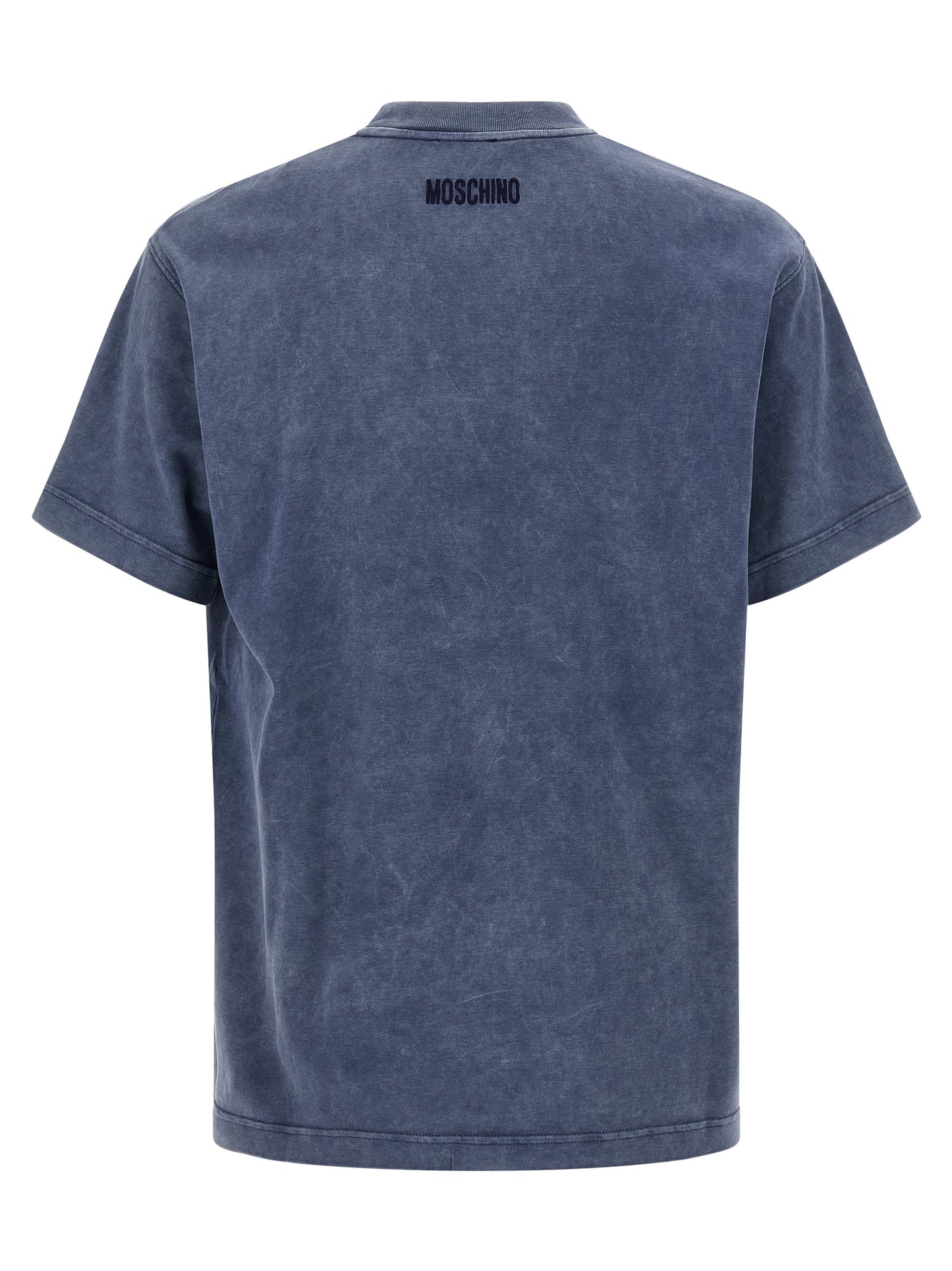 T-Shirt by Moschino for men in cotton blue showcases a unassuming silhouette, artfully detailed with a refined crew neckline and unassuming for a sophisticated, contemporary look.