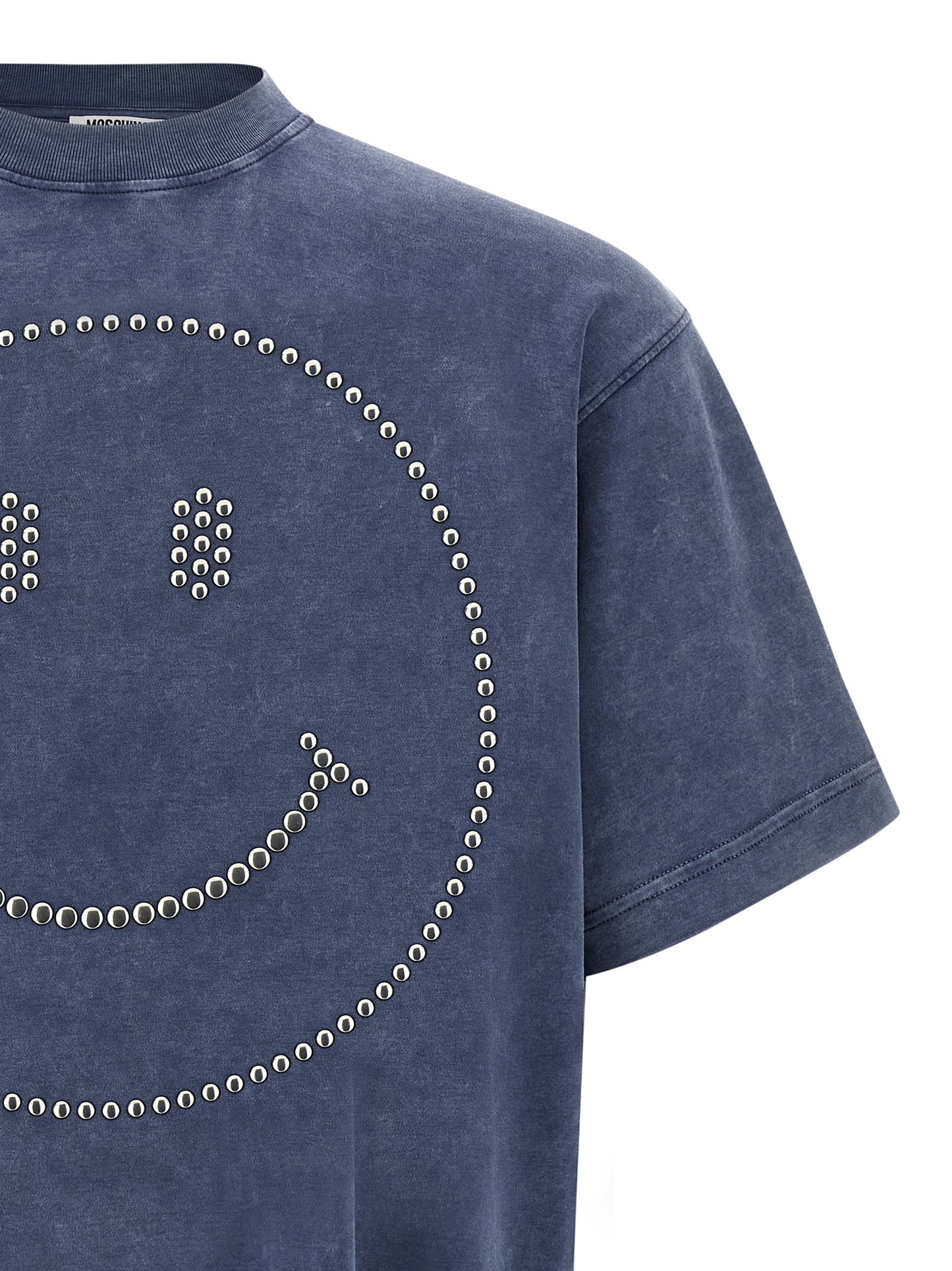 T-Shirt by Moschino for men in cotton blue showcases a chic silhouette, artfully detailed with a chic crew neckline and for a chic finish.