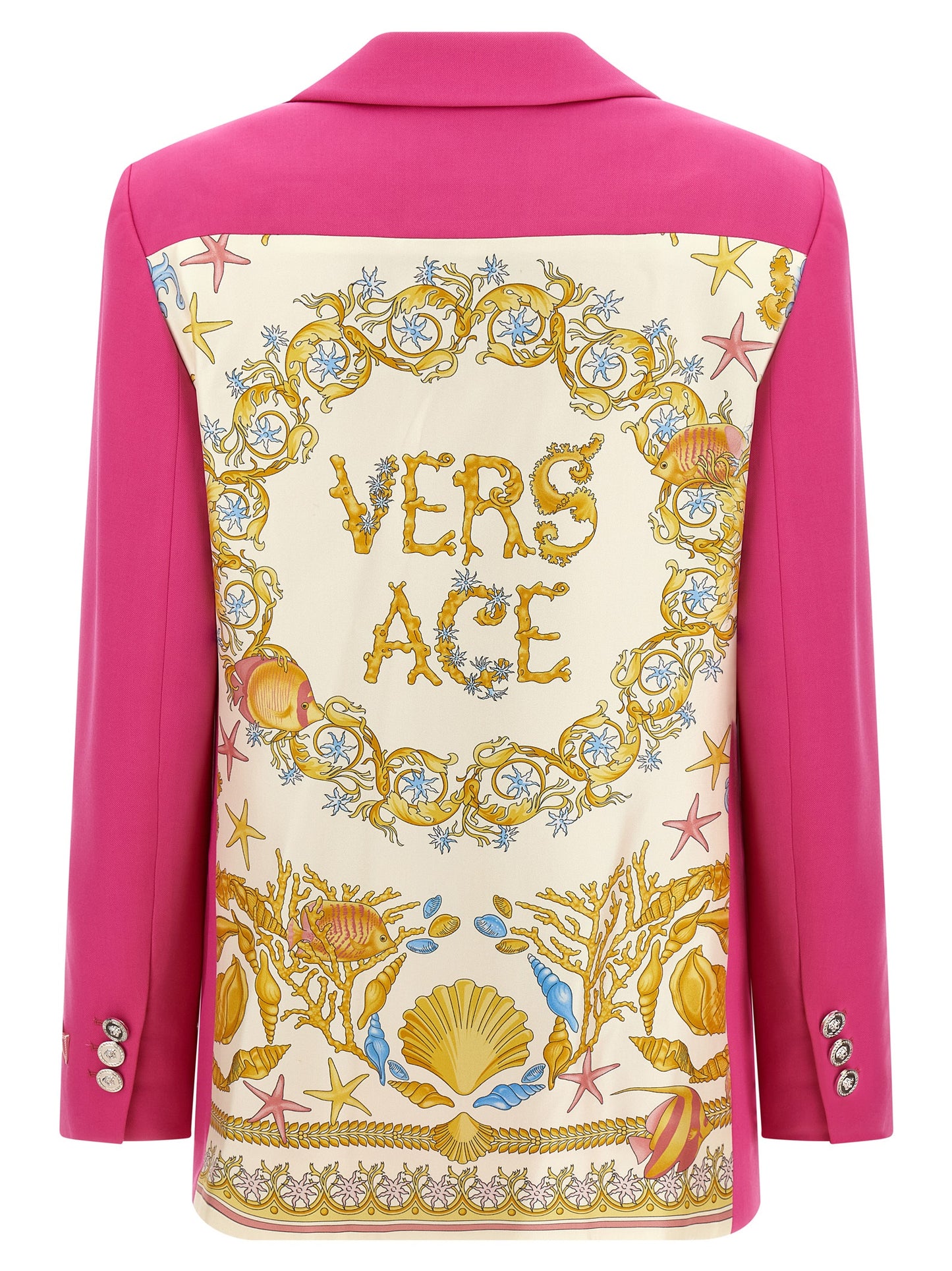 Blazer by Versace for women in virgin wool silk twill fuchsia features an sartorial silhouette, showcasing a sophisticated and sartorial for a truly sartorial finish.