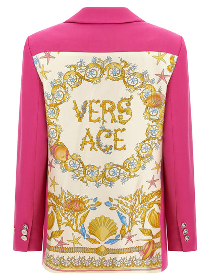 Blazer by Versace for women in virgin wool silk twill fuchsia features an sartorial silhouette, showcasing a sophisticated and sartorial for a truly sartorial finish.