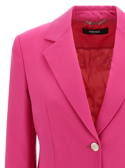 Blazer by Versace for women in virgin wool silk twill fuchsia presents a distinguished silhouette, detailed with a distinguished and distinctive for a truly sophisticated finish.