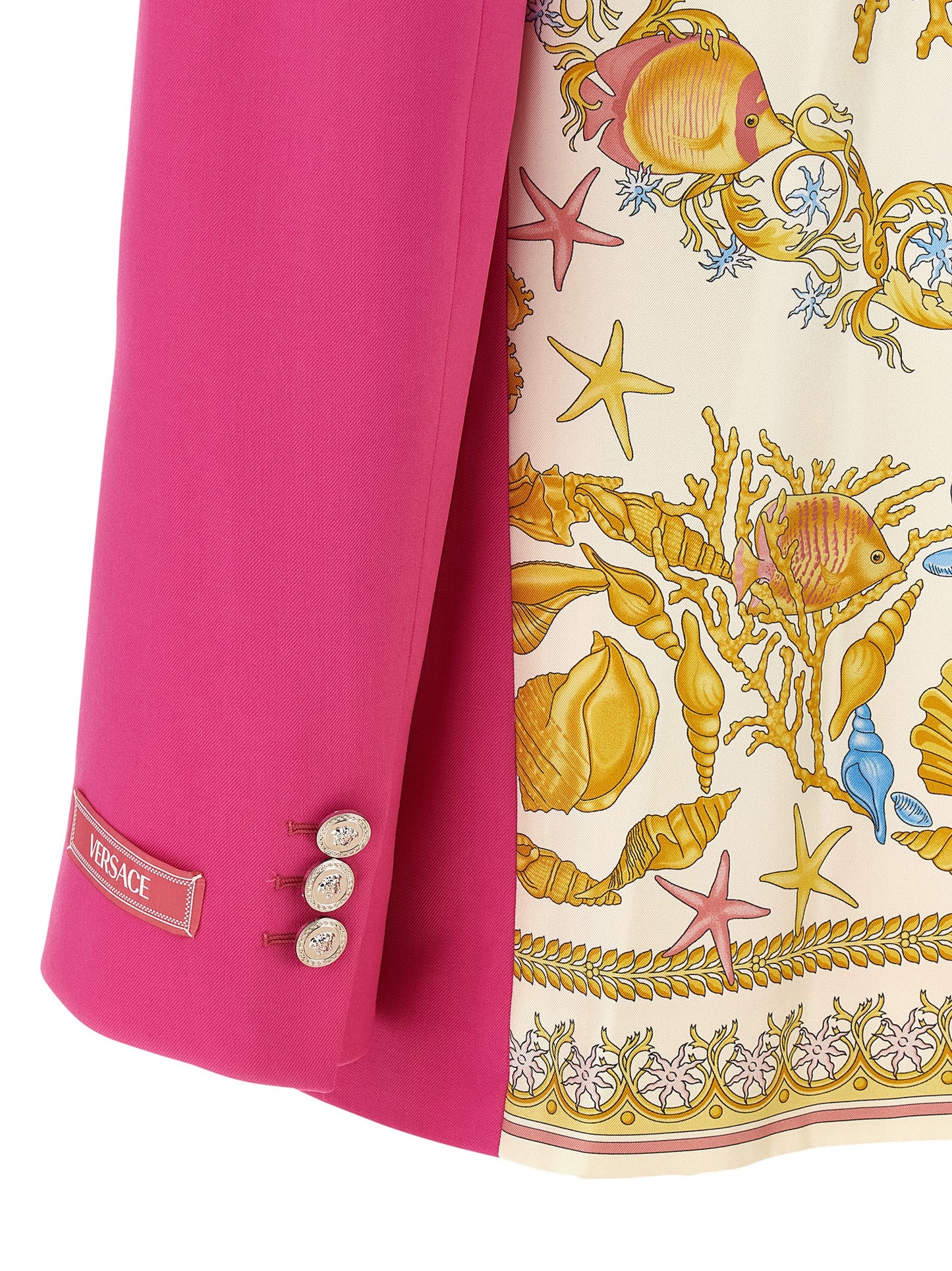 Blazer by Versace for women in virgin wool silk twill fuchsia features an sartorial silhouette, showcasing a sophisticated and sartorial for a truly sartorial finish.