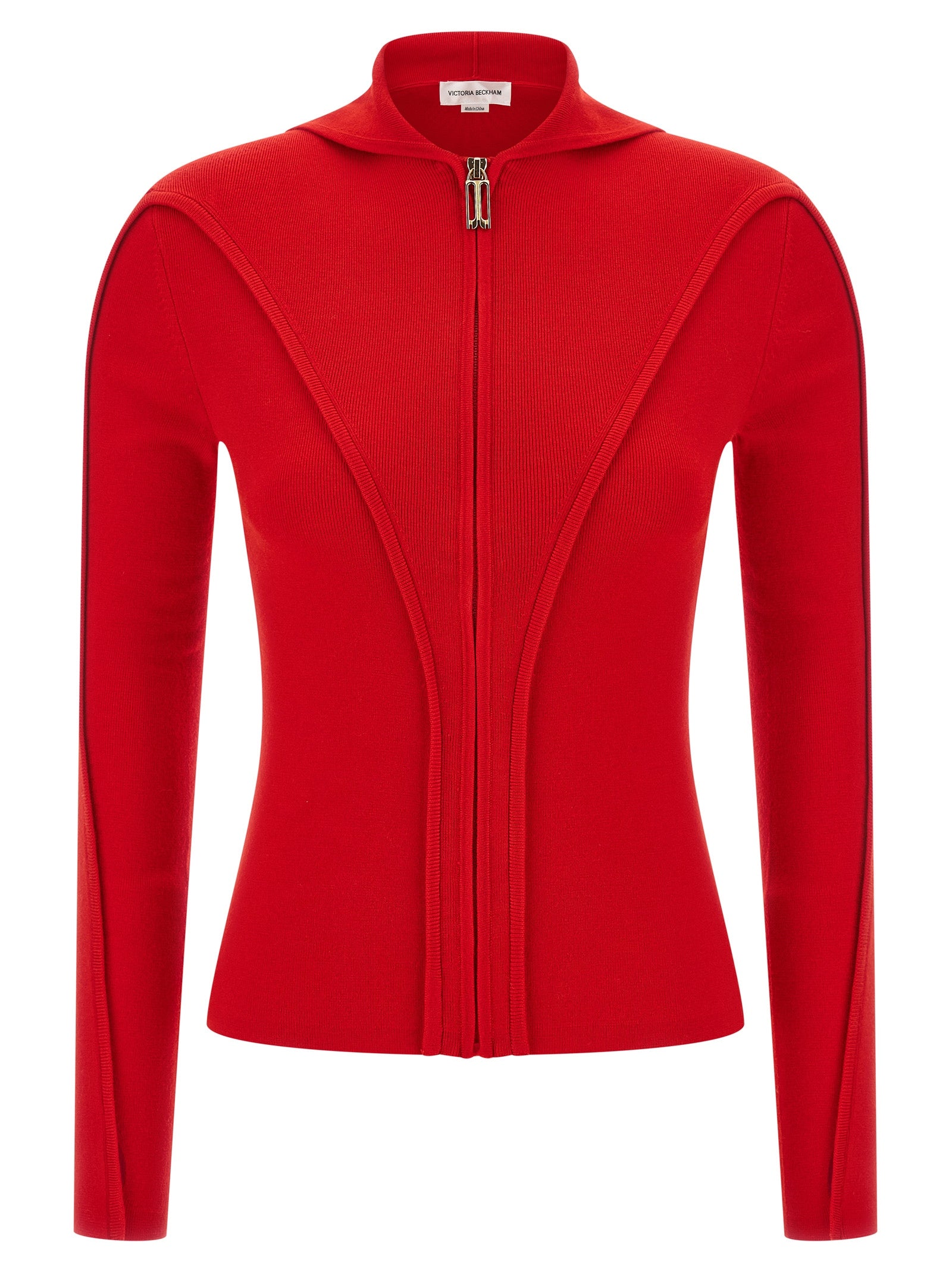 Hooded Cardigan by Victoria Beckham for women in nylon & wool multicolor & red features a dramatic silhouette, showcasing a sophisticated hooded neckline and dramatic long-sleeve detail for a timeless, premium look.