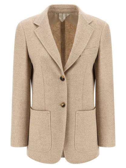 Blazer by Max Mara for women in cashmere & alpaca wool beige & camel showcases a discerning silhouette, elegantly detailed with a sophisticated split neckline and premium for a truly discerning finish.