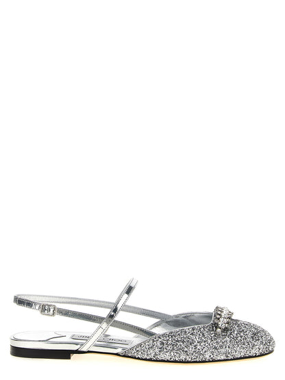 Ballet Slingback Flat Shoes by Jimmy Choo for women in polyester leather & crystal silver features an statuesque silhouette from the Women's Polyester Leather & Crystal Ballet Slingback Flat Shoes collection, showcasing a and a statuesque square toe style for a statuesque look.