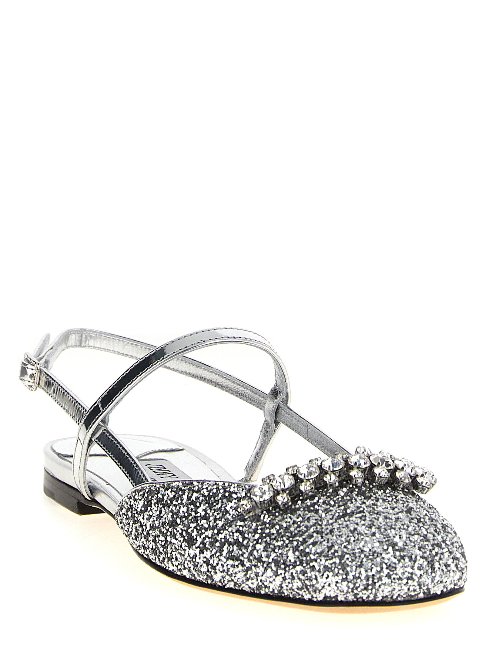 Ballet Slingback Flat Shoes by Jimmy Choo for women in polyester leather & crystal silver showcases a resplendent Women's Polyester Leather & Crystal Ballet Slingback Flat Shoes aesthetic with a and square toe style.