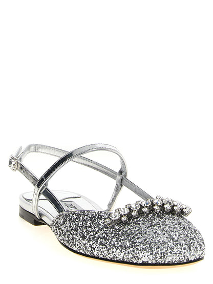 Ballet Slingback Flat Shoes by Jimmy Choo for women in polyester leather & crystal silver showcases a resplendent Women's Polyester Leather & Crystal Ballet Slingback Flat Shoes aesthetic with a and square toe style.