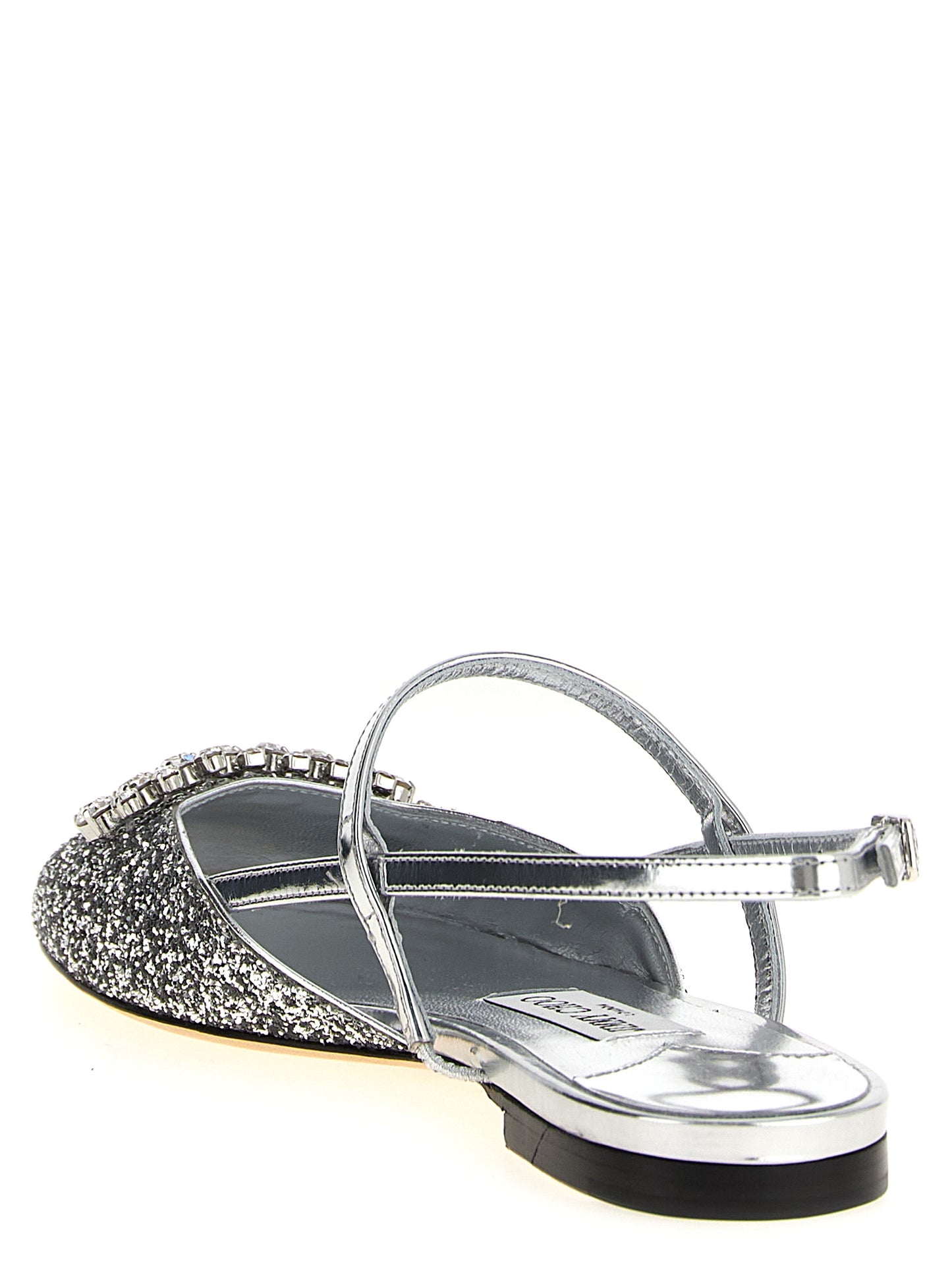 Ballet Slingback Flat Shoes by Jimmy Choo for women in polyester leather & crystal silver features an captivating silhouette, showcasing the captivating style of the Women's Polyester Leather & Crystal Ballet Slingback Flat Shoes with its distinct and refined square toe style.