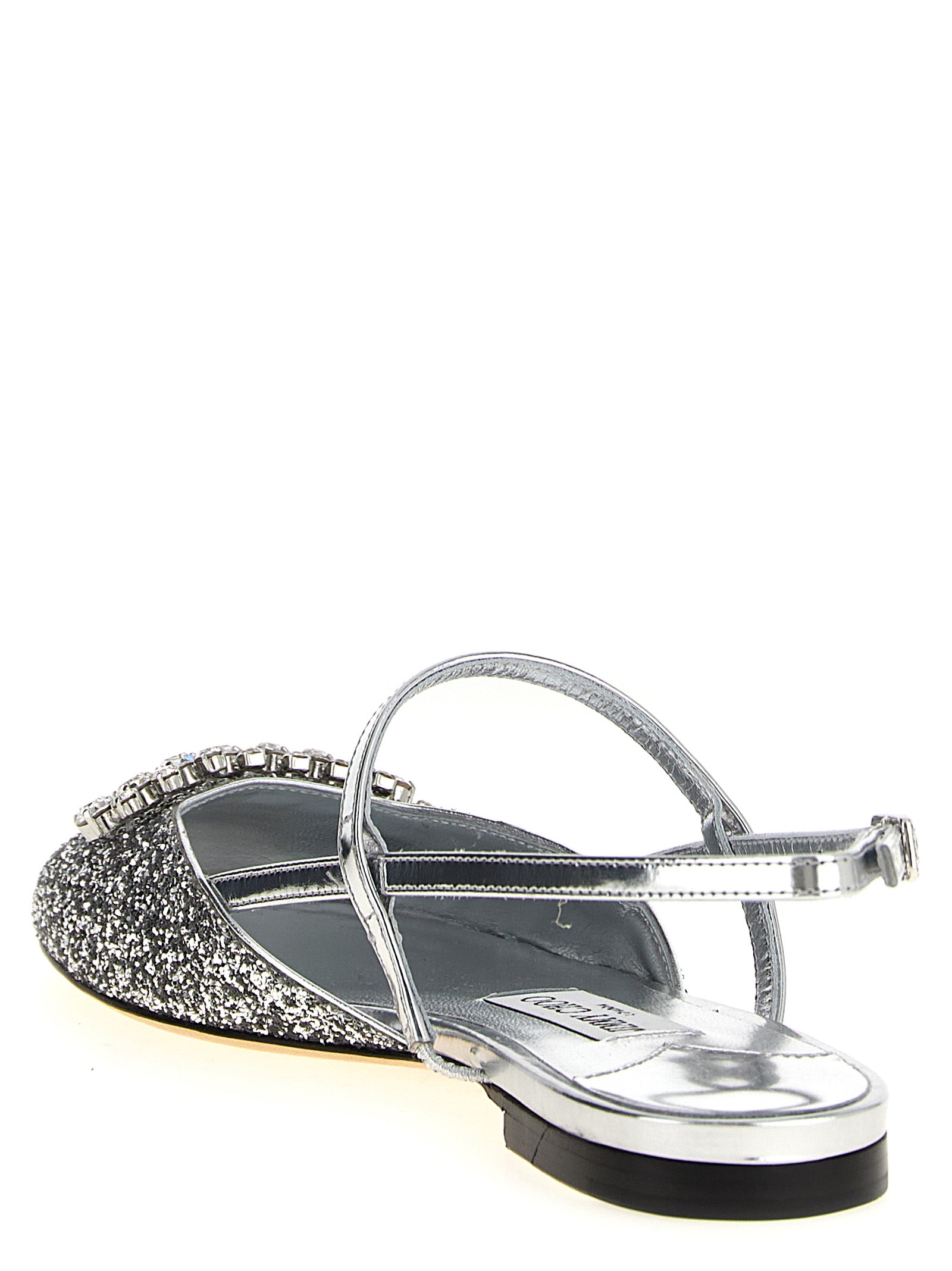 Ballet Slingback Flat Shoes by Jimmy Choo for women in polyester leather & crystal silver features an captivating silhouette, showcasing the captivating style of the Women's Polyester Leather & Crystal Ballet Slingback Flat Shoes with its distinct and refined square toe style.
